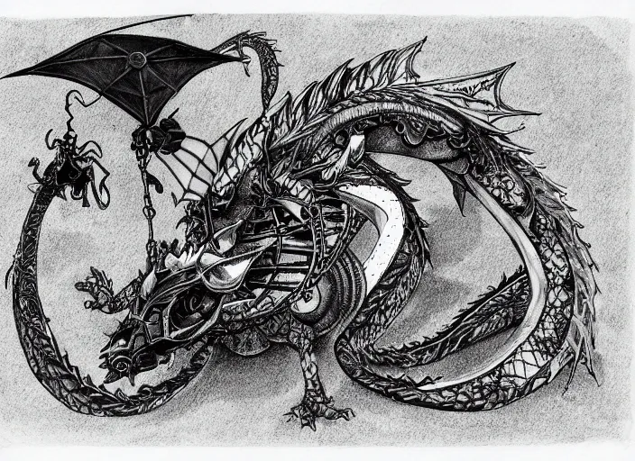 Image similar to modern pen and ink drawing, dragon with apparatus strapped to it, steam punk apparatus, ink on white background, clean lines, really clear, Olivia Kemp, julia Hill