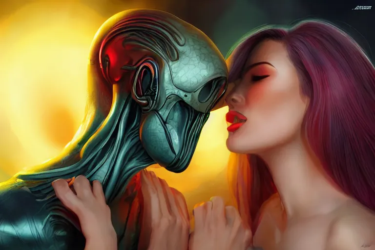 Image similar to an alien woman kisses a man by artgerm, sci - fi, color vibe, reimagined by industrial light and magic