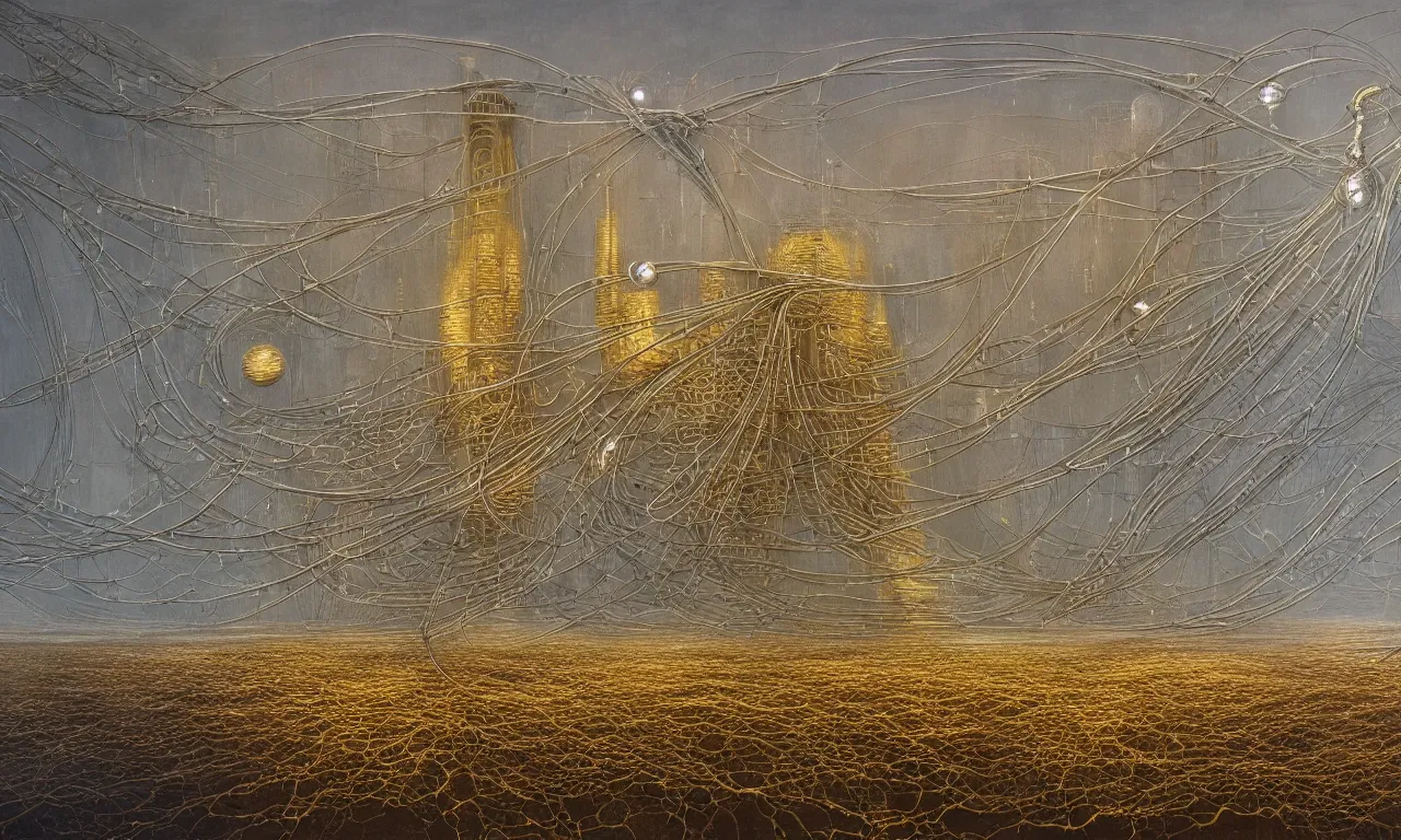 Prompt: A beautiful hyper realistic detailed painting of 2 gigantic tall quantum computers in the middle, gold and silver and brass, filigree and wire, satisfying cable management, by Beksinski, beeple, unreal engine, electronic art featured on artstation, strange rainbow weather phenomena in the sky, singularity depicted by the artist