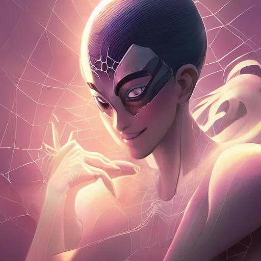 Image similar to beautiful render of spiderwoman covered by her webs, perfectly shaded, atmospheric lighting, style of makoto shinkai and peter mohrbacher, studio ghibli. artgerm, karol bak, beeple, animation style, 8 k hd, ultra wide angle, hyper detailed