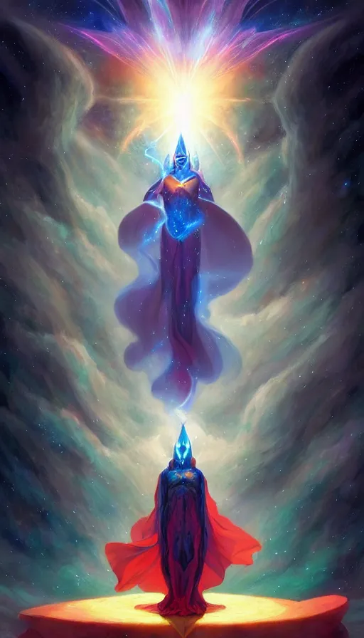 Image similar to cosmic god with a cape, epic scene, colors, holy, full body, galaxy, and, stars, atmosphere, unreal engine, pixar, video game, ethereal, insanely detailed, symmetrical, concept art, peter mohrbacher, charlie bowater, artstation, cinematic, video game, digital painting, artist maena, 4 k