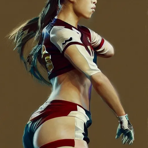 Prompt: A gorgeous feminine Japanese football player, elaborate polished, trending on ArtStation, by Ruan Jia.