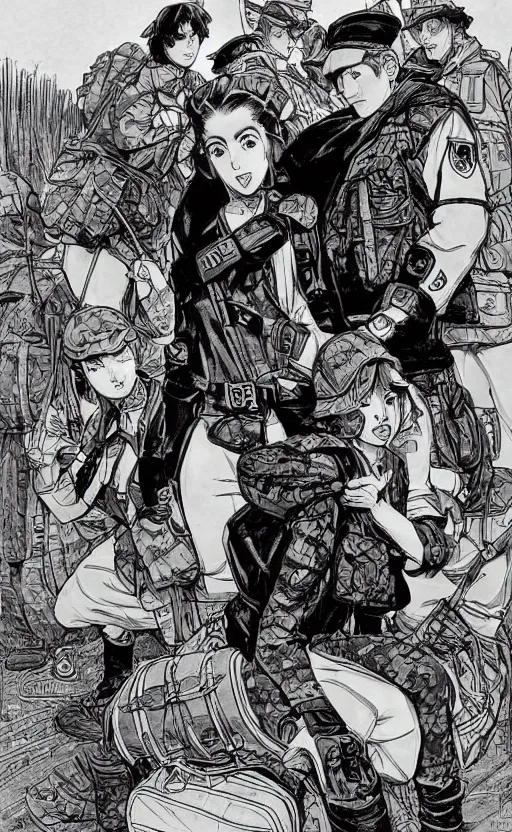 Prompt: manga style, black and white, intricate line art, portrait of a girl, trench and sandbags in background, soldier clothing, short hair, hair down, symmetrical facial features, norman rockwell, tom lovell, alex malveda, jack kirby, greg staples