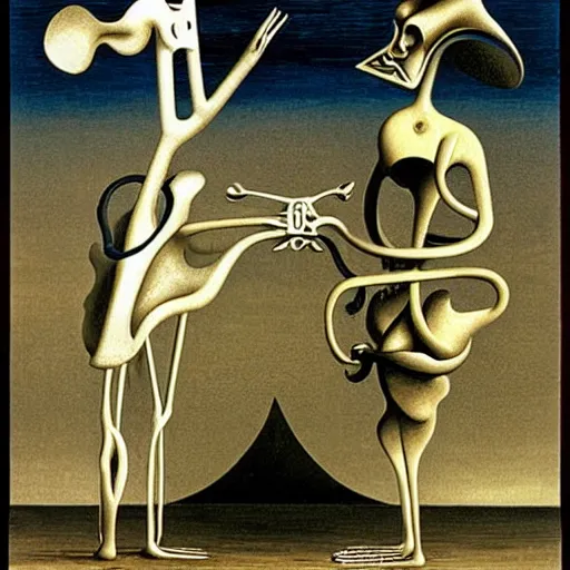 Image similar to Two mechanical beings in a deep conversation. Dali. Yves Tanguy,