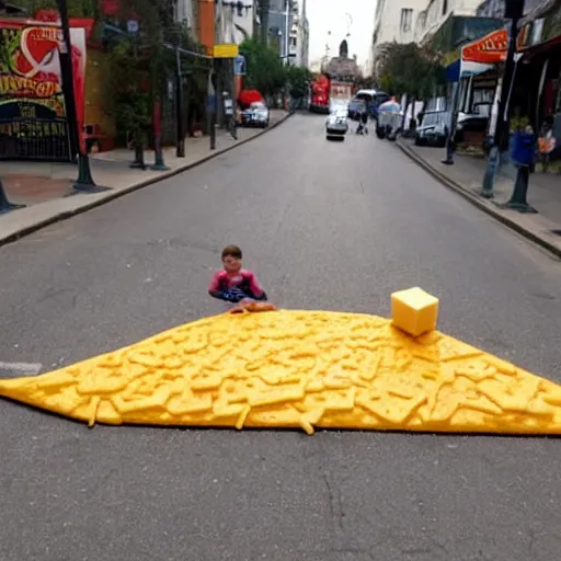 Prompt: boy made of cheese walks a dog made of cheese on a street made of cheese