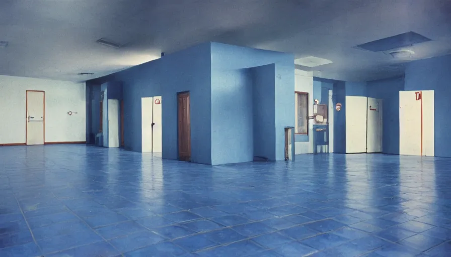 Image similar to 60s movie still of a sovietic stalinist style empty blue tiles room with visible toilets, cinestill 800t 50mm eastmancolor, liminal Space style, heavy grain-s 150