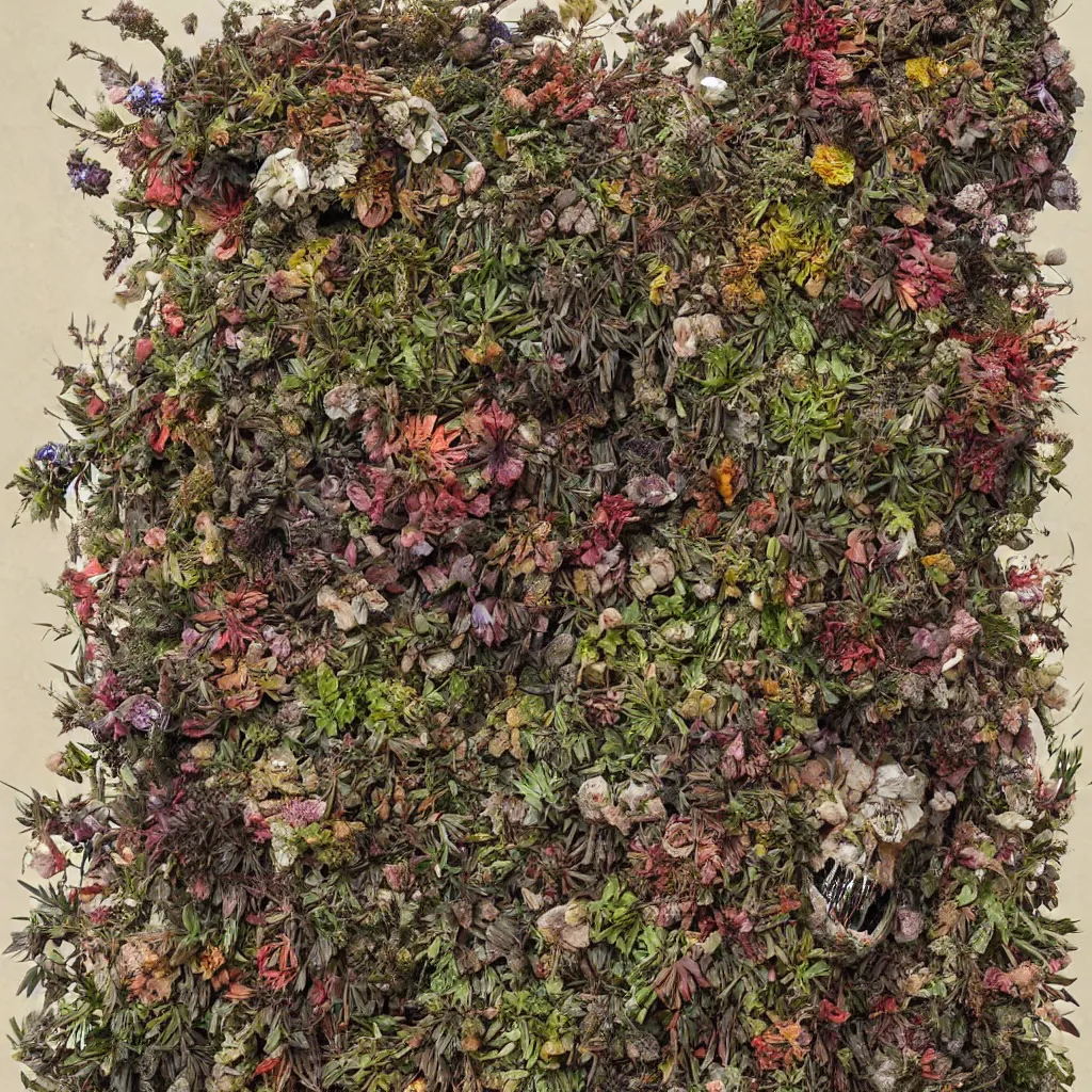 Image similar to a hyper detailed fine painting of a monster made of woods herbs flowers and plants, horror surrealism