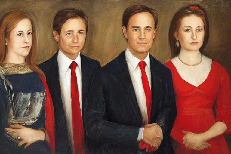 Image similar to official government portrait of a young, handsome prime minister and his two girlfriends, oil painting, 2 1 st century, official portrait, powerful, serious