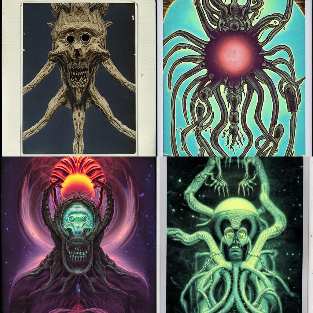 Prompt: scientists create the old god, Polaroid, cosmic horror, demon