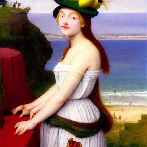 Image similar to A girl with jester hat and clothes on the front of a Balustrade with a beach on the background, major arcana cards, by paul delaroche, hyperrealistic 8k, very detailed