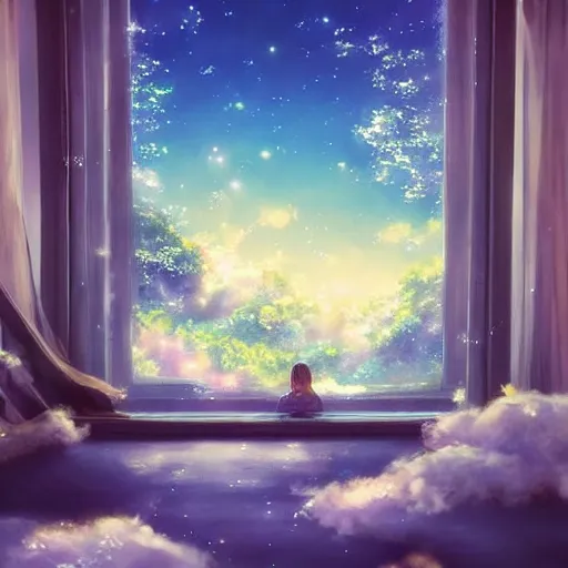 Image similar to a heavenly dream view from the interior of my cozy home interior dream world filled with color from a Makoto Shinkai oil on canvas inspired pixiv dreamy scenery art majestic fantasy scenery fantasy pixiv scenery art inspired by magical fantasy exterior illumination of awe and wonder