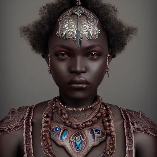 Prompt: Dark skin female goddess of love, three-quarter body, oil on canvas, renaissance, leather, aquamarine, hyper-detailed, 3d octane render , digital art