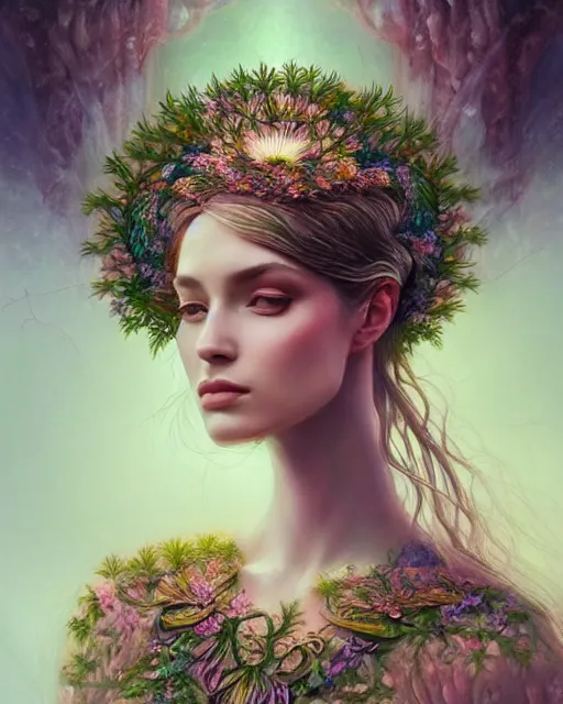 Prompt: portrait of a beautiful goddess of nature, graceful beauty, esoteric, nature and floral aesthetics, other worldly colors, head in focus, intricate, elegant, highly detailed, artstation, artistic, concept art, painterly, sharp focus, art style by emilia elfe