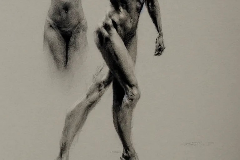 Image similar to sketch on paper of a model posing, anatomy study by jeremy mann and greg rutkowski