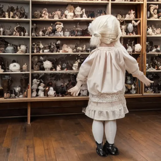 Image similar to human child standing in a victorian doll maker's shop looking at all of the dolls, 8 k, soft lighting, highly detailed realistic, face in focus