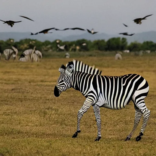 Prompt: zebra flying in landscape, solarpunk style