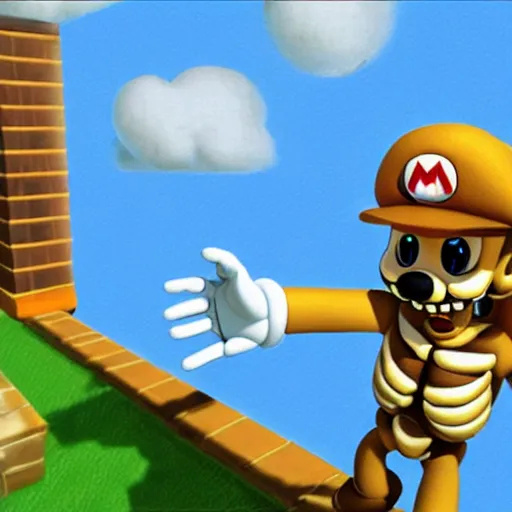 Prompt: A skeleton in the game Super Mario 64, hyperrealism