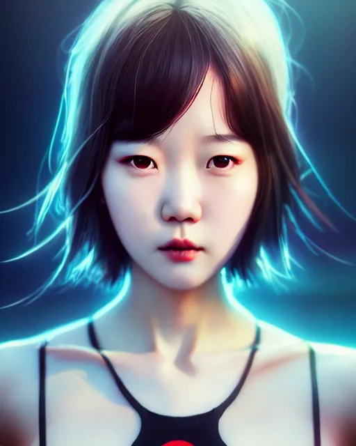 Image similar to realistic movie poster portrait photo : : of yerin baek by weta, marvel : : by wlop, ilya kuvshinov, rossdraws, artgerm, artstation, unreal engine : : rave makeup, pearlescent, sunny day, blue sky, vogue cover : :