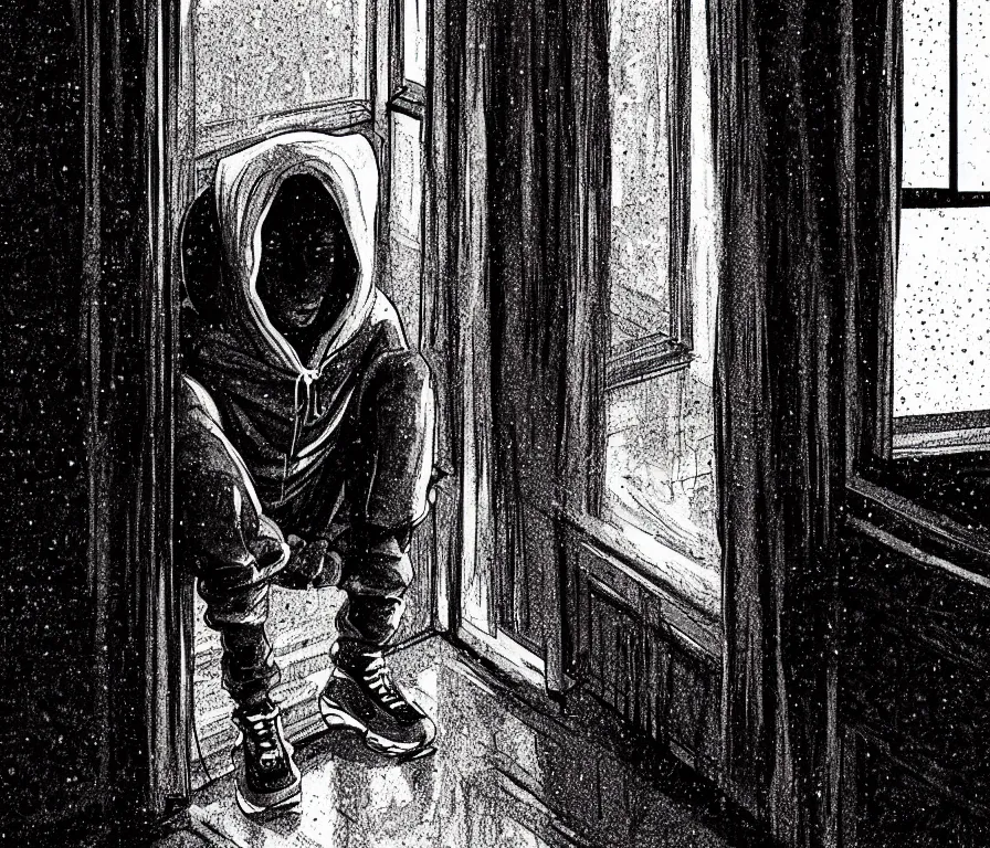 Image similar to sadie sink in hoodie sits on windowsill, knees tucked in | rain falls at night : storyboard, scifi cyberpunk. by gabriel hardman. cinematic atmosphere, detailed and intricate, perfect anatomy