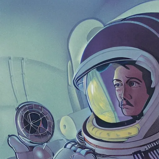 Prompt: a portrait of pilot stallone in spacesuit on field forrest spaceship station landing laying lake artillery outer worlds in FANTASTIC PLANET La planète sauvage animation by René Laloux