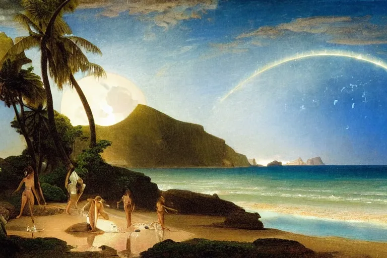 Image similar to The beach arch, refracted moon on the ocean, thunderstorm, greek pool, beach and Tropical vegetation on the background major arcana sky and occult symbols, by paul delaroche, hyperrealistic 4k uhd, award-winning, very detailed paradise