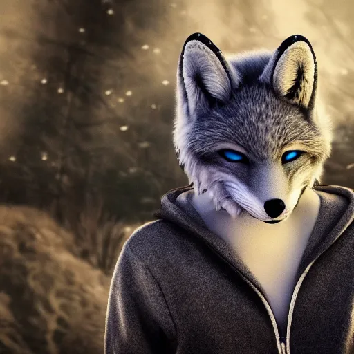 Image similar to anthropomorphic male blue fox furry fursona with handsome eyes, wearing a white hoodie, dramatic action movie poster, realistic hdr