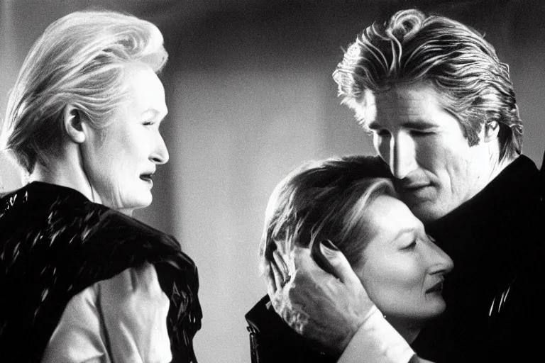 Prompt: richard gere and meryl streep play two vampires hugging each other in dark flames, scene from film