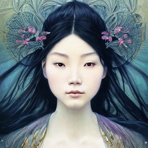 Image similar to A portrait of A Chinese woman with long hair by Ross Tran!!! and alphonse mucha and greg rutkowski! and gustav doré! and Zdzisław Beksiński!,In style of digital art illustration.Symmetry.Highly detailed face.Fantasy,smooth,hyper detailed,sharp focus,Soft light.trending on artstation.