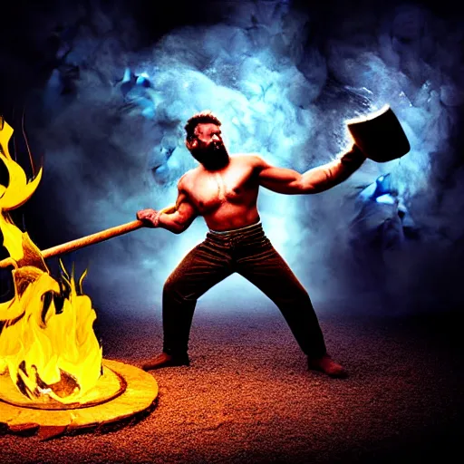 Prompt: a very strong blacksmith swinging his hammer he is made of psychedelic dust clouds dancing in the wind, hyper realistic, roaring fire, midday, realistic lighting, psychedelic dust, psychedelic dust, psychedelic dust, Very strong Blacksmith, photo realistic, 4k, particle reflections