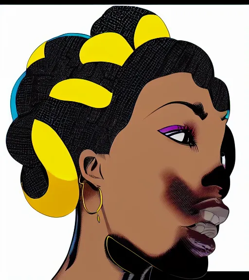 Image similar to a digital painting of a black woman with futuristic hair, side portrait, yellow highlights, a comic book panel by Craig Thompson, behance contest winner, afrofuturism, marvel comics, official art, artstation hq