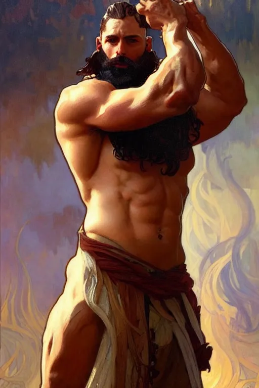 Prompt: A man with beard, hair like fire, muscular, warrior, painting by greg rutkowski and alphonse mucha