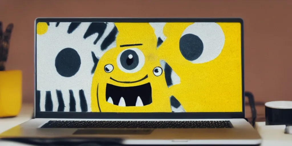 Prompt: a yellow striped monster in panic while working on a laptop