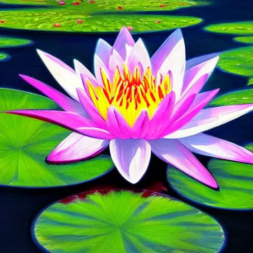 Image similar to waterlily flower, painting, detailed, magical environment, peaceful, beautiful, artwork, realistic detail, natural lighting, brush strokes, pintrest, behance