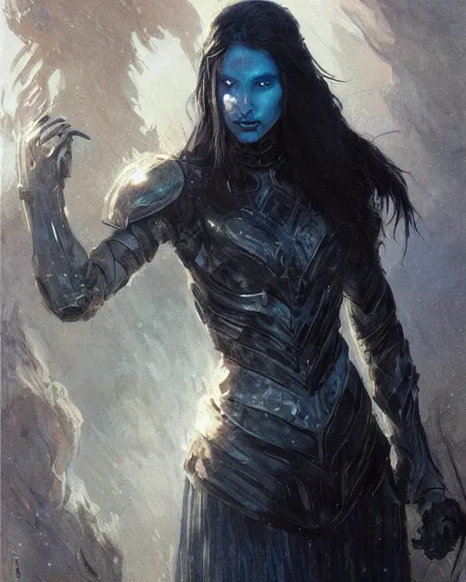 Image similar to a beautiful woman dark hair in an armor with dark eyes, elegant, dark blue, ethereal horror fantasy art by greg rutkowski and magali villeneuve and claude monet detailed