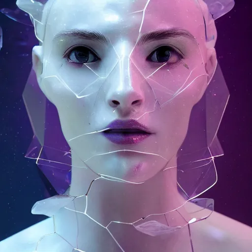 Image similar to abstract female face sculpture made of white marble and amethyst crystals quartz, ethereal lights, fine details, artstation. com, film still, cinematic photoshooting, luxury, strong wind, dark mood, sad, liquid acrylic painting, optical cables, cold colors, golden filigree, lens flares, octane render