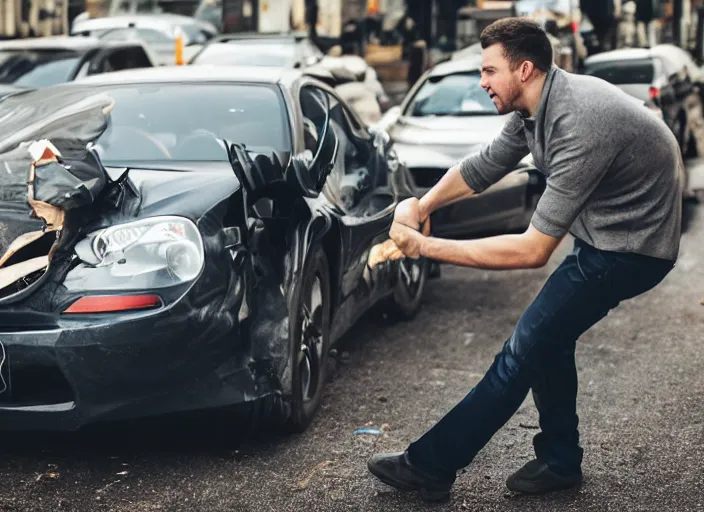 Prompt: man punching a car