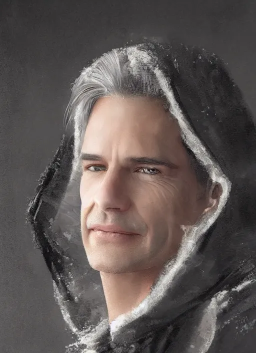 Image similar to a clean shaven man aged 4 0 with tousled blonde hair and hazel eyes and a friendly smile standing in the mist. he is handsome and wearing a cloak made of grey and black strips. head and shoulders portrait painting by greg rutkowski and raymond swanland.