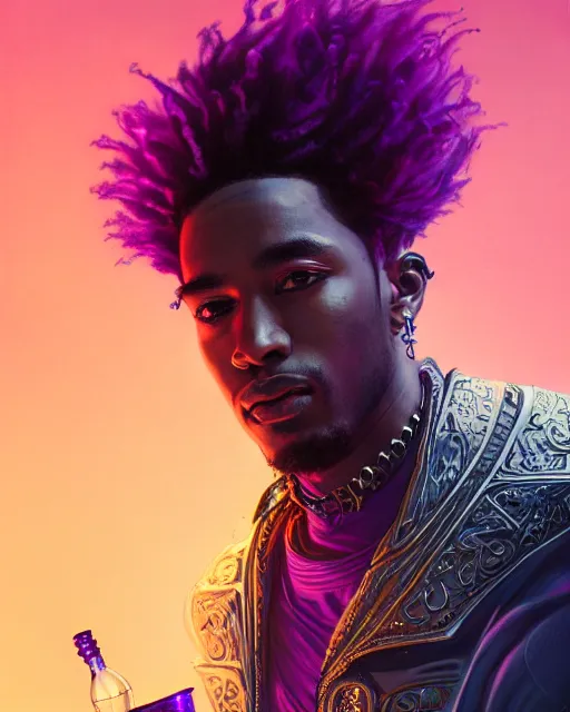 Prompt: future the rapper holding cup of codeine, accurate details, detailed face, purple liquid in cup glowing, fantasy, dramatic, intricate, elegant, highly detailed, digital painting, artstation, concept art, smooth, sharp focus, illustration, art by Gustave Dore, octane render