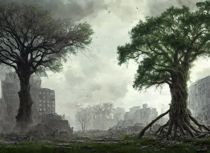 Prompt: oak tree growing in the ruins of a city, post - apocalypse wasteland, gray dull background, colorful green leaves, hyperrealistic, very detailed leaves, sharp focus, highly detailed, cinematic, ray of golden sunlight, digital art, soft lightning, muted colors, cgssociety, artstation, oil painting by greg rutkowski, by artgerm, by wlop