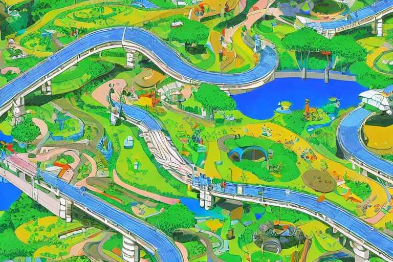 Image similar to an optimistic futuristic landscaped streams and wide conveyor belts, isometric contours - the main method of transport for people is to swim but some people stand on the conveyor belt, pop motifs, by ghibli, cannabis land