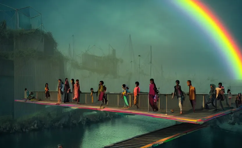 Image similar to incredible, refugees crossing a mindblowingly beautiful bridge made of rainbow hardlight, to a floating city in the sky, matte painting, artstation, solarpunk, cgsociety, dramatic lighting, concept art, octane render, arnold 3 d render