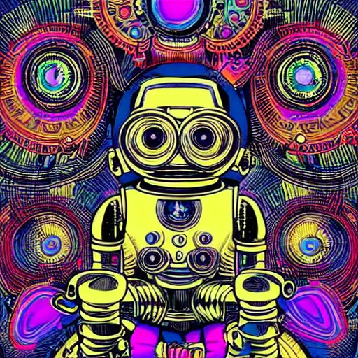 Image similar to a black tshirt with a hyperdetailed portrait of a meditating steampunk robot by robert crumb, 8 k, symetrical, flourescent colors, happy trippy mood, multicolored,