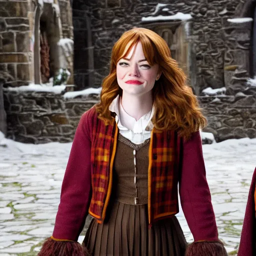 Image similar to emma stone as hermione granger, in hogsmeade