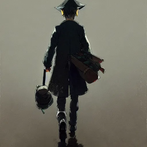 Image similar to black eyed boy with pointed hat, hands in pockets, black jacket, thin pants, trending on pixiv fanbox, painted by greg rutkowski makoto shinkai takashi takeuchi studio ghibli, akihiko yoshida