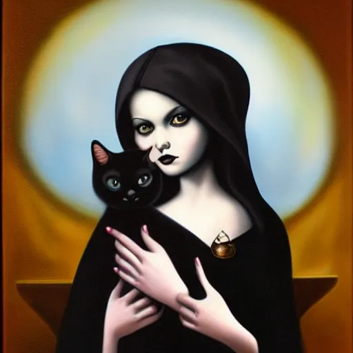 Prompt: a painting of a woman holding a cat, an airbrush painting by mark ryden, deviantart, gothic art, gothic, goth, tarot card