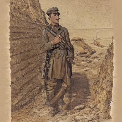 Image similar to a detailed photorealistic sepia - toned color portrait painting of a 1 9 1 7 worried clean - shaven british lieutenant in field gear in north arabia examining an ancient cylindrical clay jar, ultra realistic, intricate details, atmospheric, dark, horror, brooding, highly detailed, by clyde caldwell