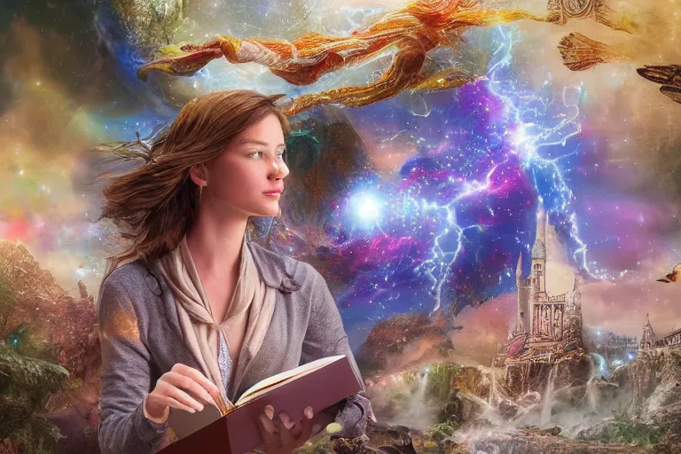 Prompt: a young woman embarks on a fantastical journey of self-discovery after finding a mysterious book. Photo-realistic HD, hyperrealism, colourful, highly detailed, cinematic, luminescence, 32k, DoP, high contrast, intricate, mystery, epic, fantasy