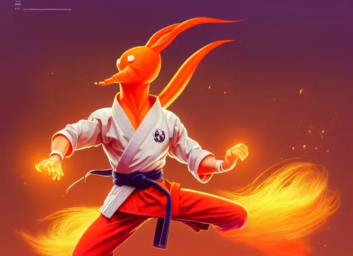 Image similar to a anthropomorphic carrot wearing karate gi, diffuse lighting, fantasy, dojo background, intricate, elegant, highly detailed, lifelike, photorealistic, digital painting, artstation, illustration, concept art, smooth, sharp focus, art by frank frazetta and marco bucci and loish and rossdraws and artgerm and alphonse mucha