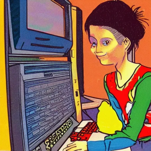 Image similar to illustration of Punky Brewster programming a 1980s desktop computer by Elsa Beskow