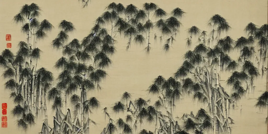 Image similar to The courtyard is like stagnant water and empty, with algae and cypresses in the water, covered with bamboo and cypress shadows, Chinese style painting